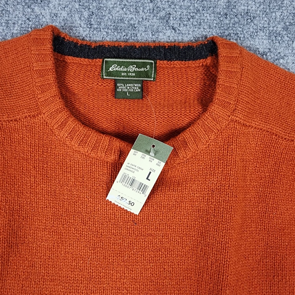 Eddie Bauer Mens Orange Lambswool Fair Isle Snowflake Crewneck Sweater Large NWT - Picture 2 of 6
